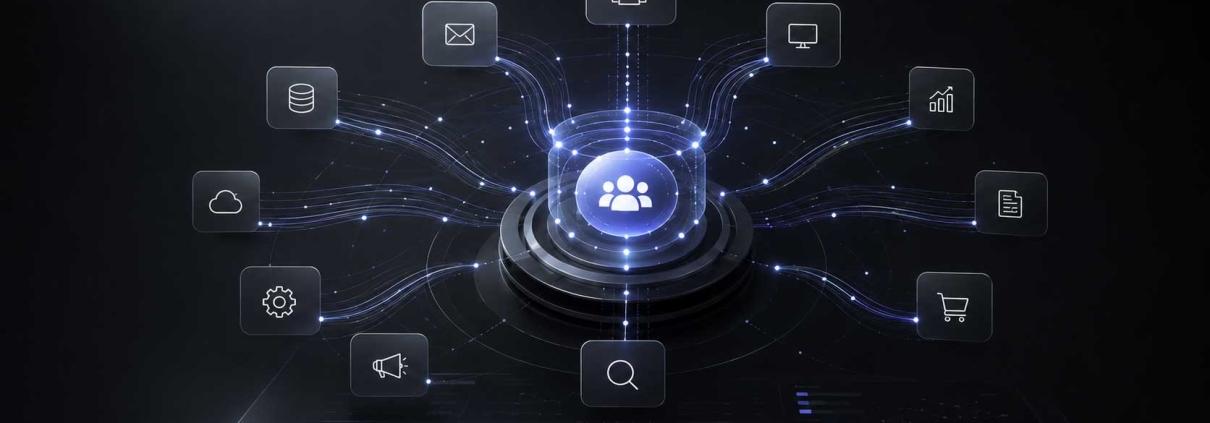 an AI-ready marketing operations system with a central customer data hub connected to analytics, automation, search, content, commerce, and reporting workflows