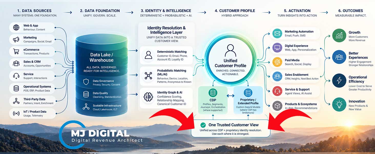 Hybrid customer data architecture showing multiple source systems feeding a governed data lake, then using deterministic, probabilistic and AI-assisted identity resolution to create one trusted customer profile across a CDP and proprietary identity layer, which activates personalized experiences across Marketing, Sales, Service, Digital and Product to drive growth, better experiences and operational efficiency.