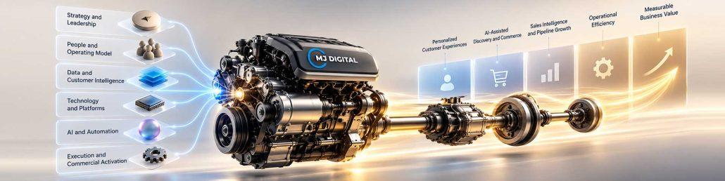 MJ Digital AI-ready digital growth engine illustrating how business strategy, customer data, technology, automation and execution drive personalized experiences, AI-powered commerce and measurable business growth.