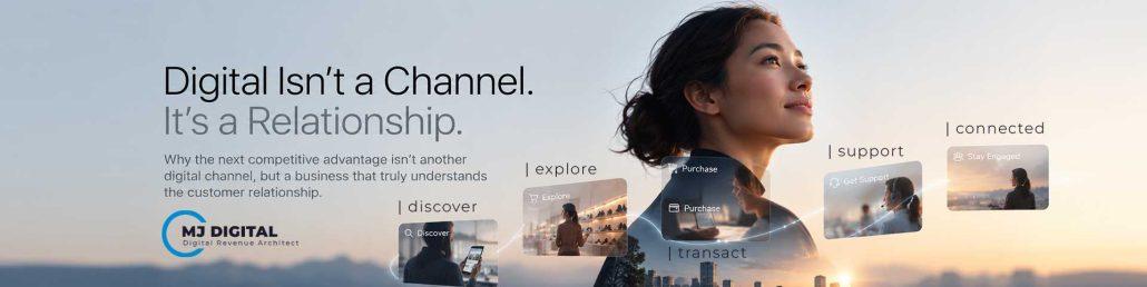 MJ Digital hero banner illustrating digital transformation and customer relationship intelligence, featuring a customer walking along a seamless, connected pathway linking enterprise experiences, data and services.